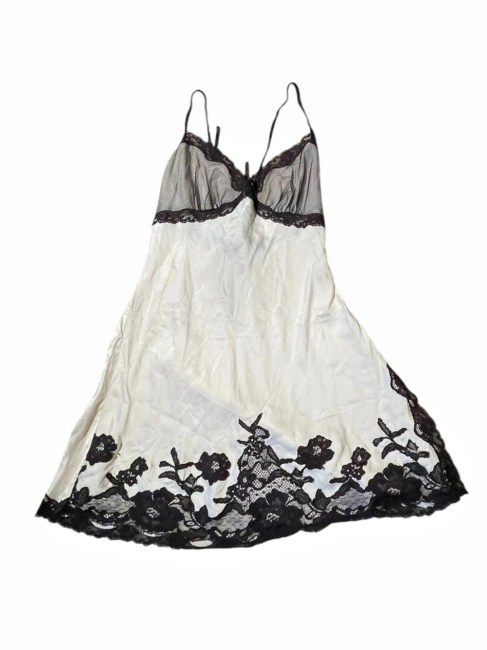 Victoria's Secret Silk Floral Chemise in White & Black Slip Lace Dress Size XS